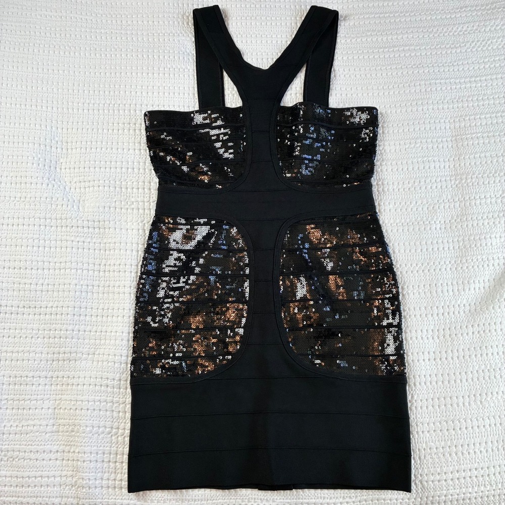 Herve Leger Bandage Dress Mini Jordan Black Sequin LBD Body Con Large